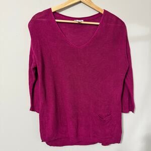 J. Jill Top Size Small Purple Plum Linen V-Neck Sweater Coastal Beachy Casual